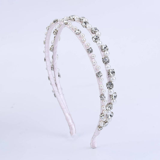 Choko Double Row Pearl Rhinestone Hairband for Girls - White