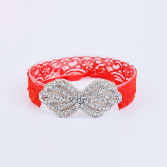Choko Lace Rhinestone Bow Hair Band Hair Accessory with Lace and Rhinestones for Girls - Bright Red