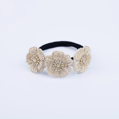 Choko Floral Stretchable Headband Hair Accessory with Rhinestone Design for Babies - Golden Charm - Beige, Clear, Black