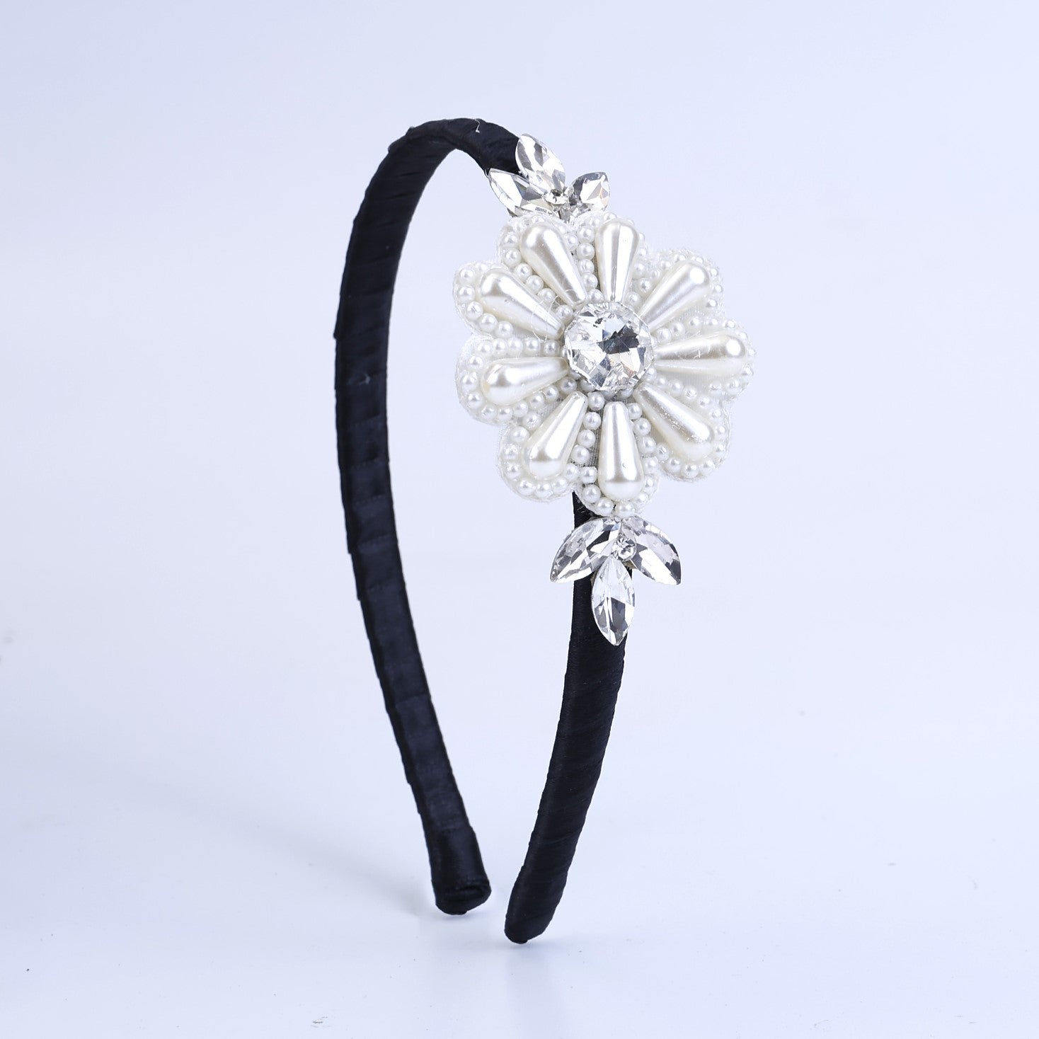 Choko Beaded Floral Hair Band with Pearl and Rhinestone Flowers for Girls - White Bloom