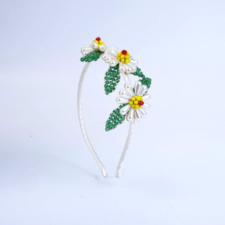 Choko Daisy Floral Hair Band with Beaded Leaves for Girls - White & Green - Kids Hair Accessory