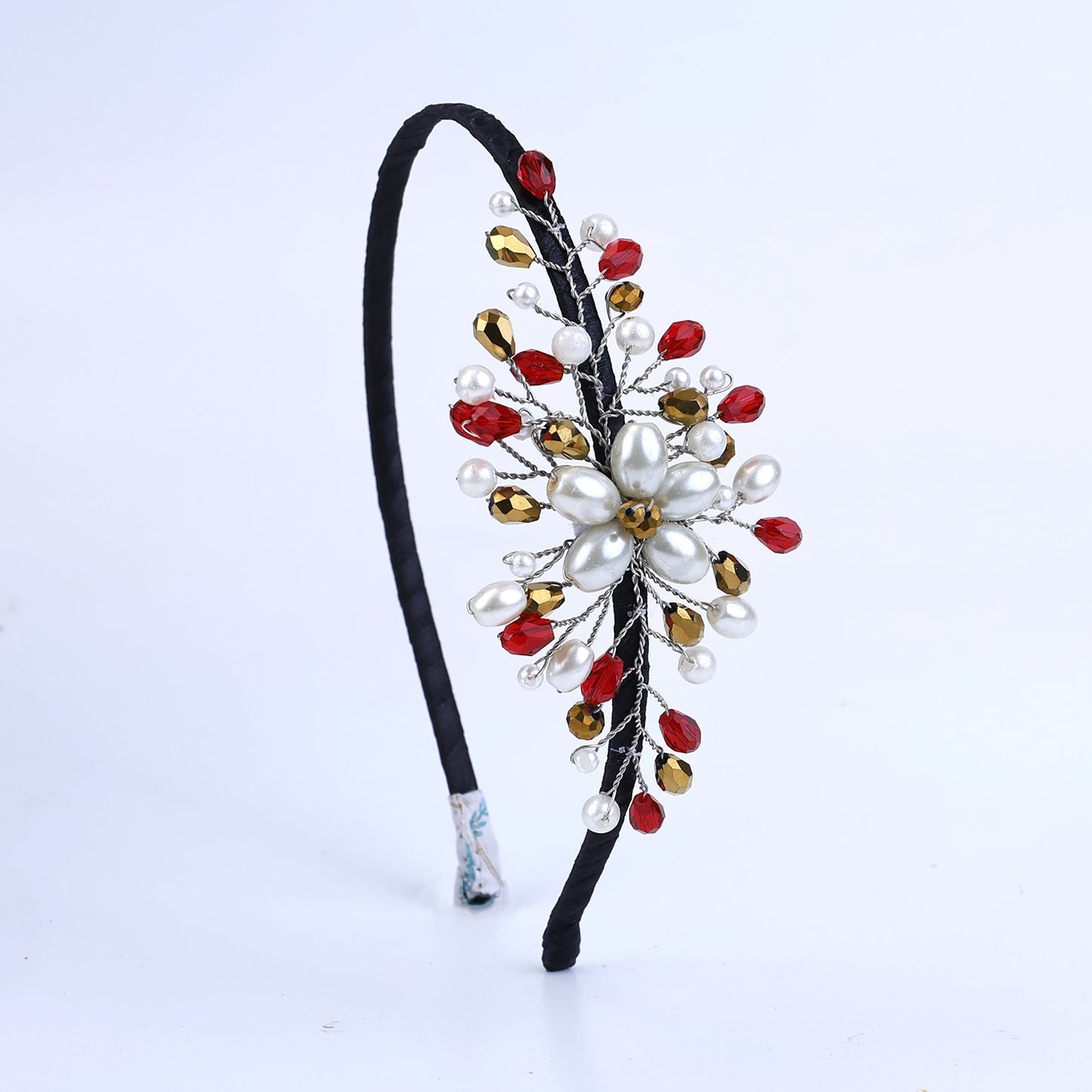 Choko Crystal Floral Hair Band with Red Crystals and Pearls for Girls - Red & Gold Accents