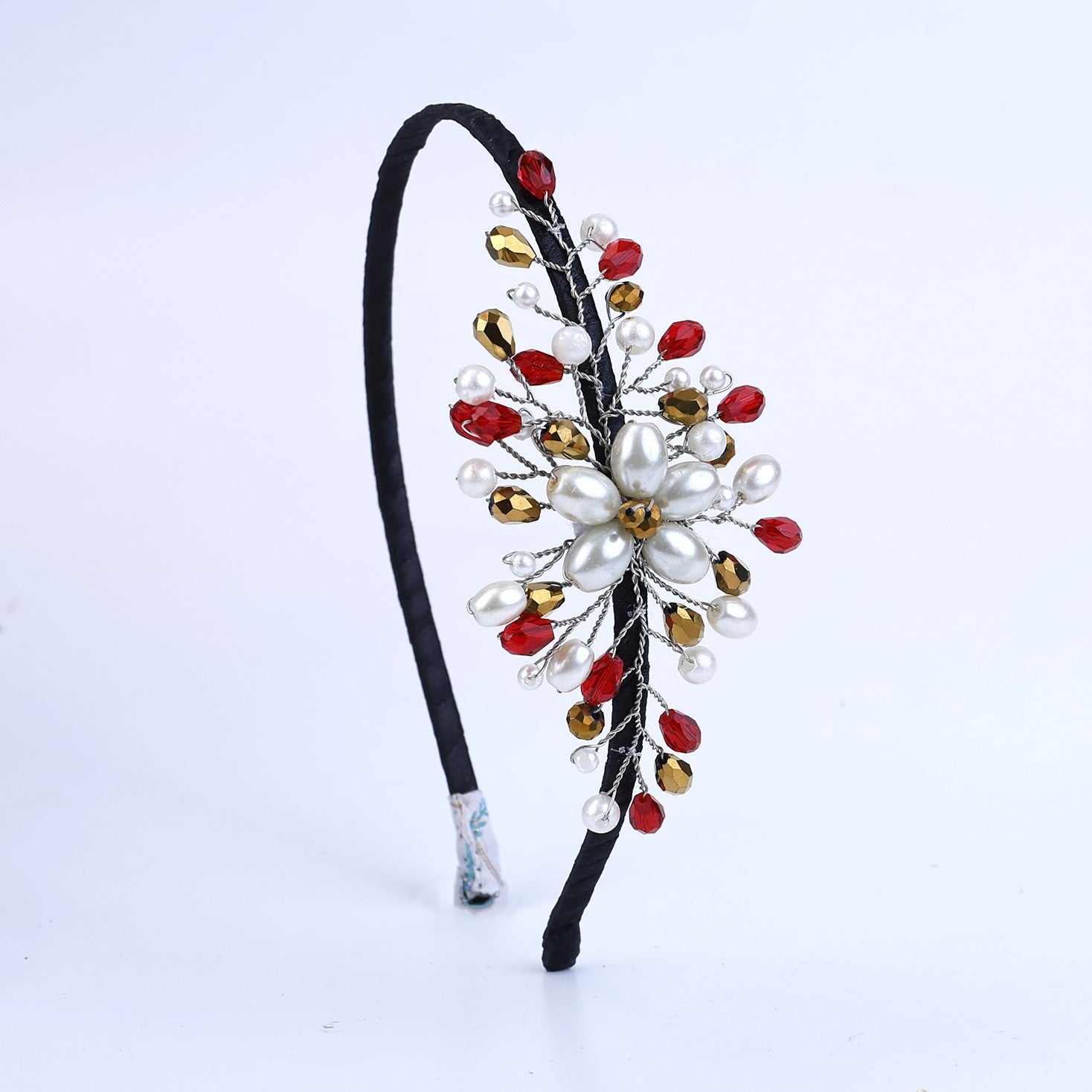 Choko Crystal Floral Hair Band with Red Crystals and Pearls for Girls - Red & Gold Accents