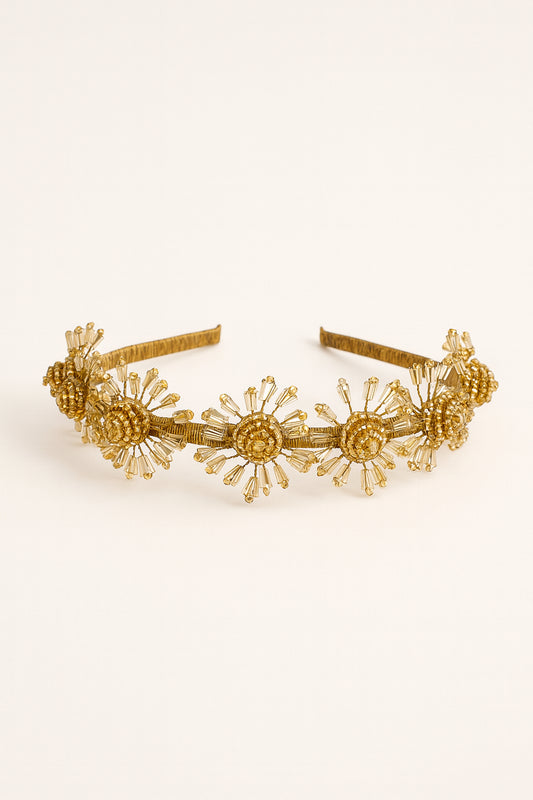Choko Beaded Floral Hair Band for Girls - Golden Radiance | Regal hair accessory with golden beaded flowers - Gold, 1 Pc