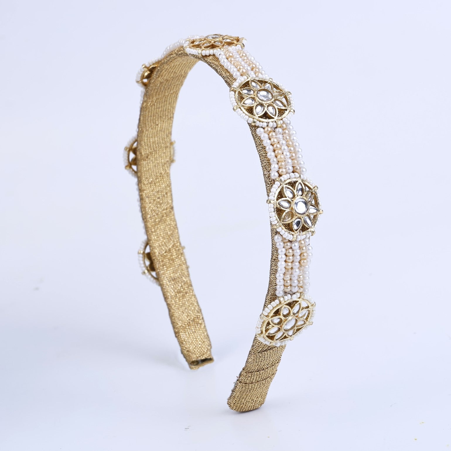 Choko Crystal Pearl Hair Band with Rows of Pearls and Crystals for Girls - Classic White - Gold, Off White, Clear