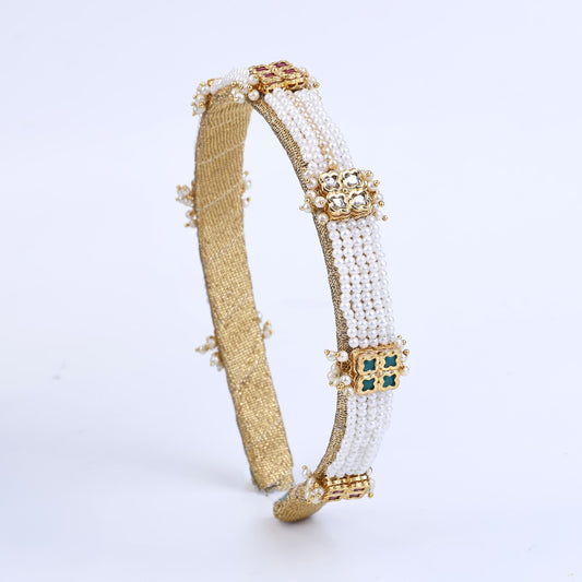 Choko Elegant Floral Beaded Hair Band with Pearls for Girls - Gold & White - Kids Hair Accessory