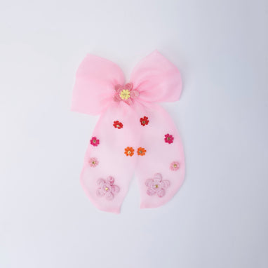 Choko Floral Embellished Bow Hair Clip Large with Colorful Embroidery Details for Girls - Pink
