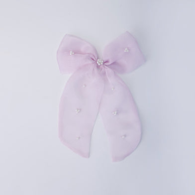 Choko Pearl Studded Bow Hair Clip Chiffon with Elegant Pearl Embellishments for Girls - Lavender