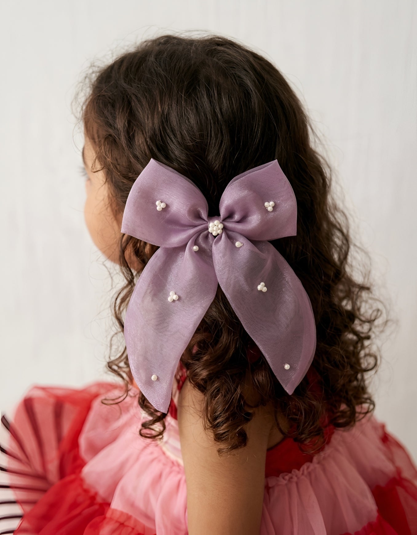 Choko Girls Purple Organza Bow Alligator Clip With Pearl Accents For Festive Parties