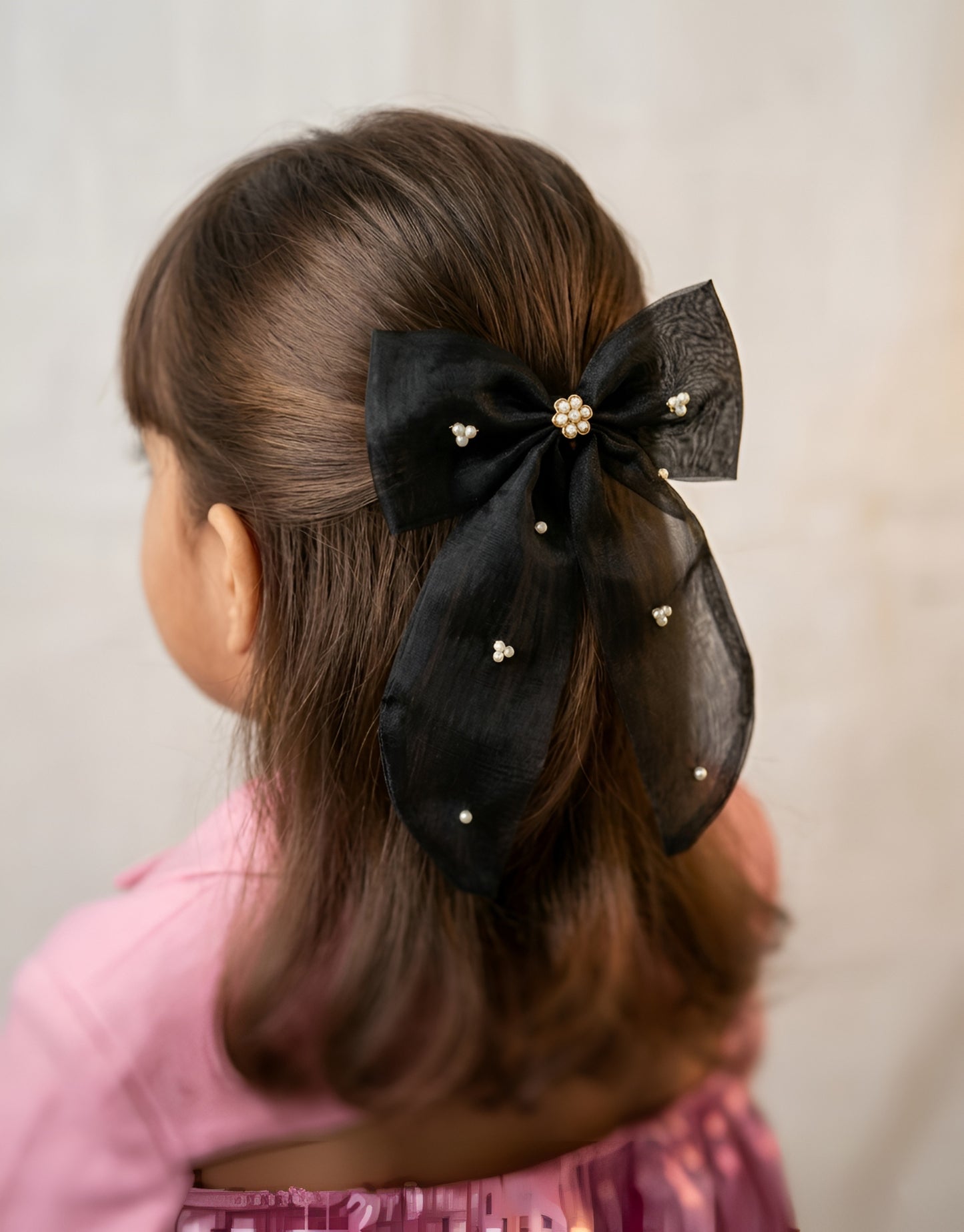 Choko Girls Black Organza Bow Alligator Clip With Pearl Accents For Festive Parties