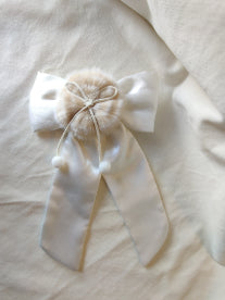 Choko Festive Satin Bow Christmas Hair Clip with Fur Pom for Girls - White kids hair accessory