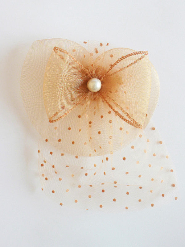Choko Gold Bow Clip with Polka Dot Net and Pearl Center for Girls