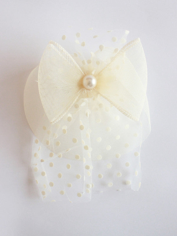 Choko Cream Bow Clip with Polka Dot Net and Pearl Center for Girls