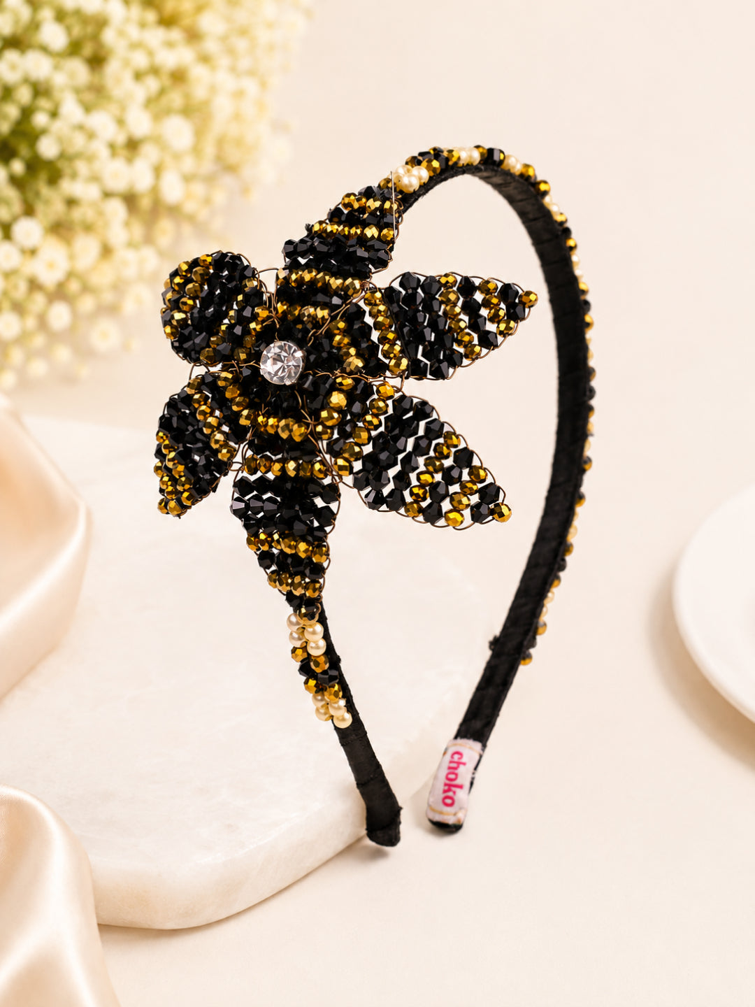 Choko Crystal Beaded Black & Gold Floral Hair Band for Girls - Black & Gold kids hair accessory