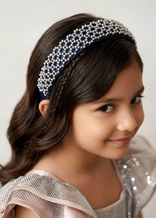 Choko Beaded Rhinestone Hairband for Girls - Navy Blue - Choko