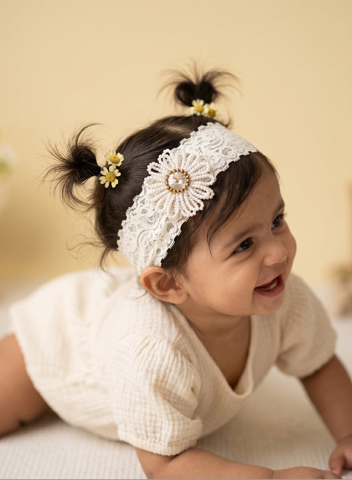 Choko Girls White Wide Lace Beaded Flower Rhinestone Studded Headband For Party Wear - Cream, Off White, Clear