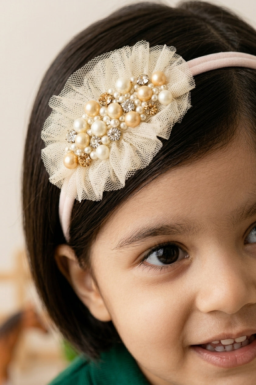 Choko Girls Off White Ruffled Tulle Pearl Delicate Cluster Headband For Festive Wear