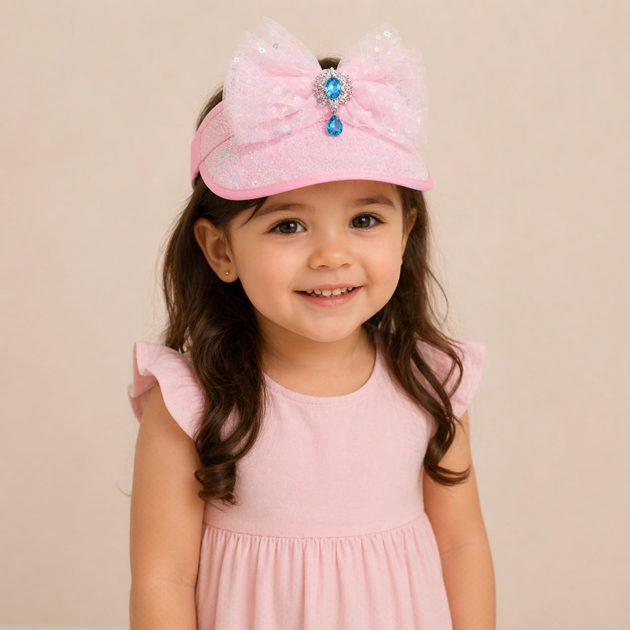 Choko Pastel Pink Sparkle Bow Cap Hair Band - Handcrafted Mesh Bow & Blue Crystal Drop - Premium Hair Accessory for Kids