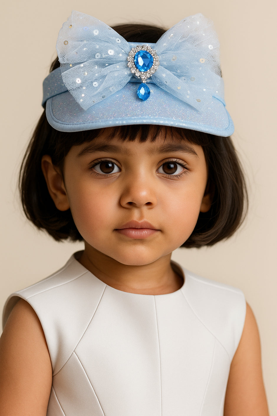 Choko Blue Iridescent Glitter Mesh Bow with Teardrop Gem Cap Hair Band for Girls