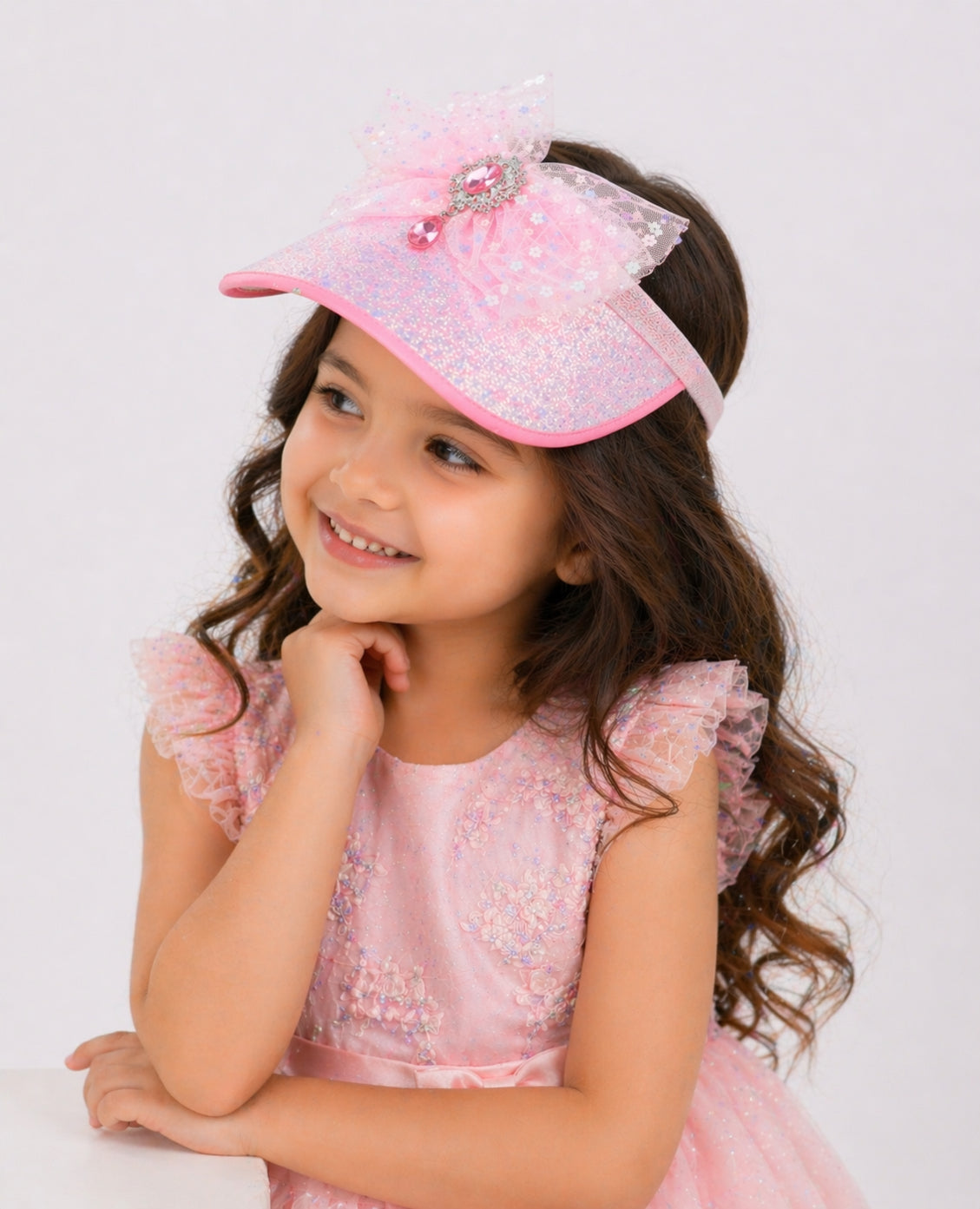 Choko Pastel Pink Sparkle Bow Cap Hair Band with Pink Crystal Drop- Handcrafted Mesh Bow - Hair Accessory for Kids