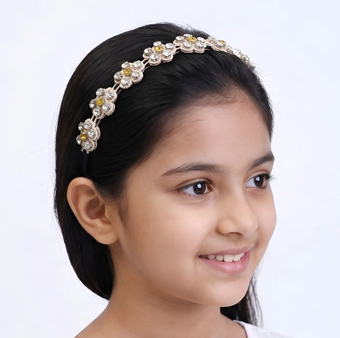 Choko Beaded Floral Rhinestone Hairband for Girls - Beige - Choko