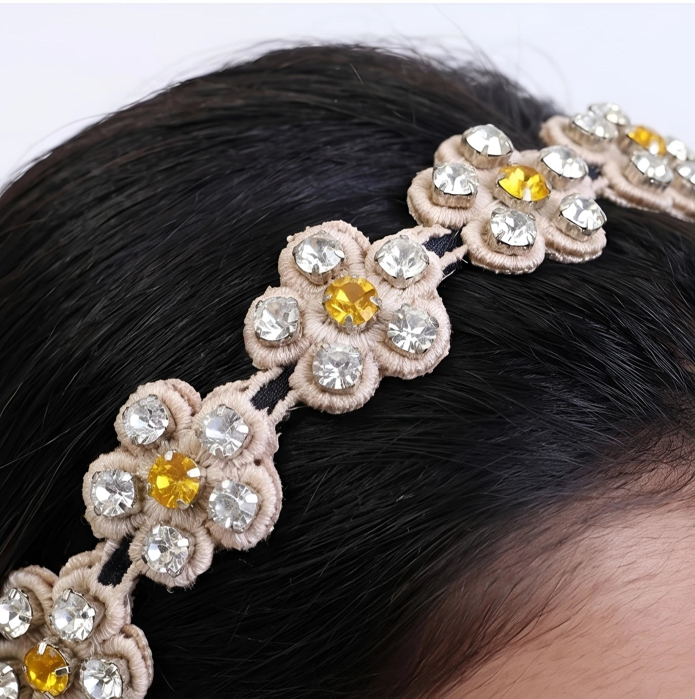 Choko Beaded Floral Rhinestone Hairband for Girls - Beige - Choko