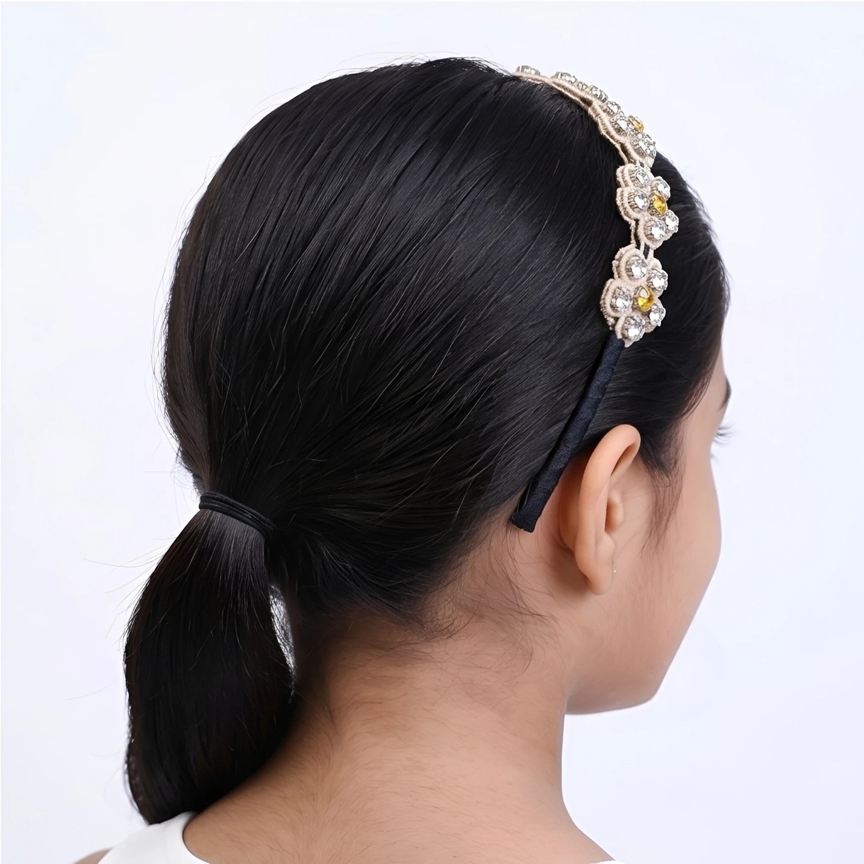 Choko Beaded Floral Rhinestone Hairband for Girls - Beige - Choko