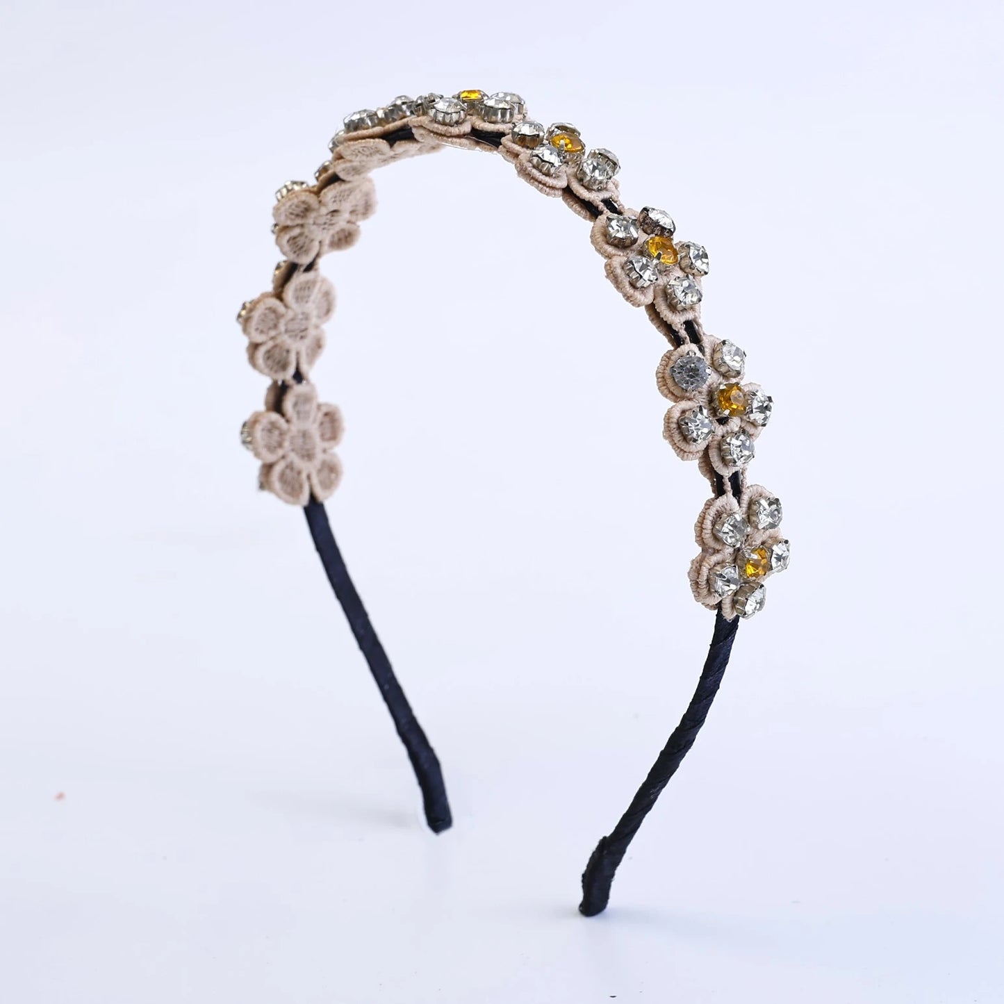 Choko Beaded Floral Rhinestone Hairband for Girls - Beige - Choko