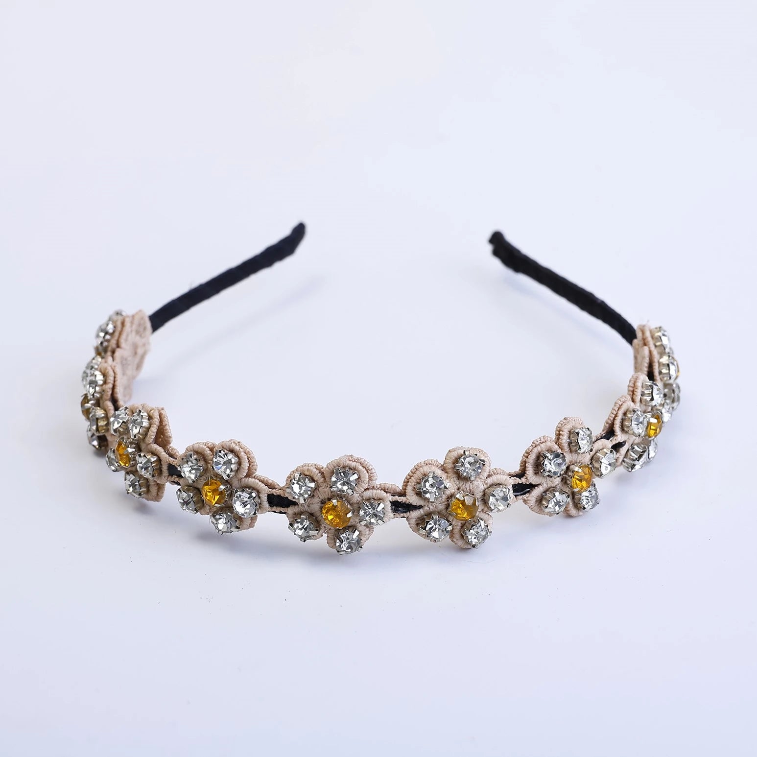 Choko Beaded Floral Rhinestone Hairband for Girls - Beige - Choko