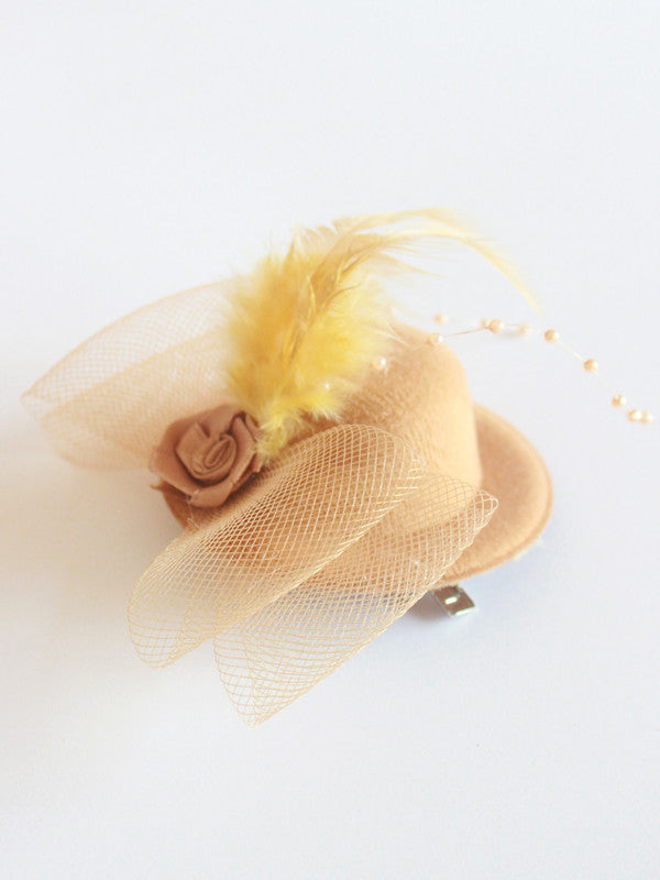 Choko Feather & Net Fascinator Hair Clip with Rose & Bow Accent for Girls - Mustard Yellow - Brown, Gold, Light Brown