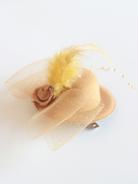 Choko Feather & Net Fascinator Hair Clip with Rose & Bow Accent for Girls - Mustard Yellow - Brown, Gold, Light Brown