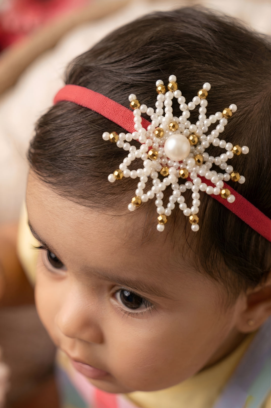 Choko Girls Red Radiant Starburst Pearl Studded Circular Cluster Headband For Party Wear