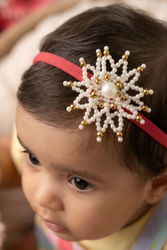 Choko Girls Red Radiant Starburst Pearl Studded Circular Cluster Headband For Party Wear