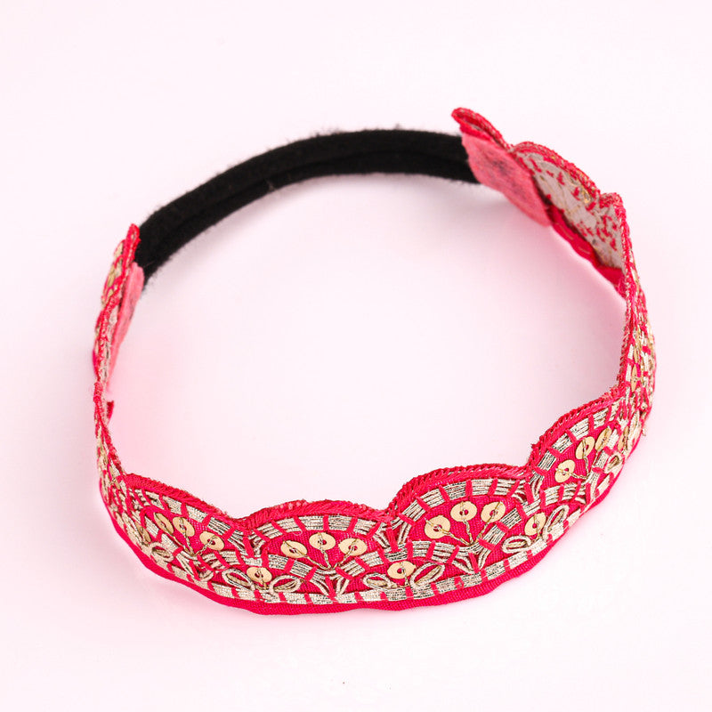 Choko Girls Embroidered Headband with Gold Sequins & Floral Scallop Border - Pink | Kids Accessory