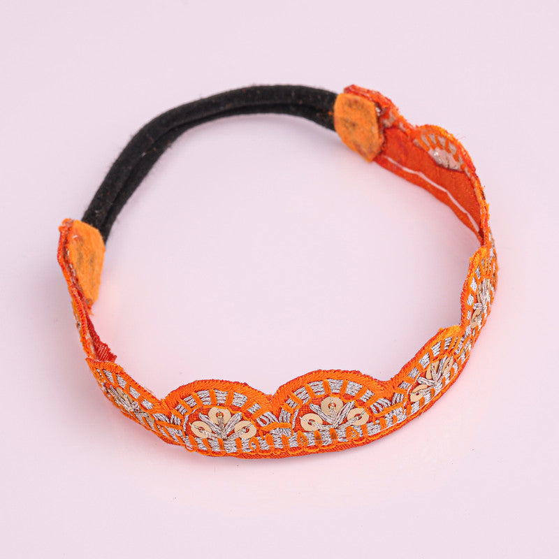 Choko Girls Embroidered Headband with Gold Sequins & Scallop Trim - Orange | Kids Accessory