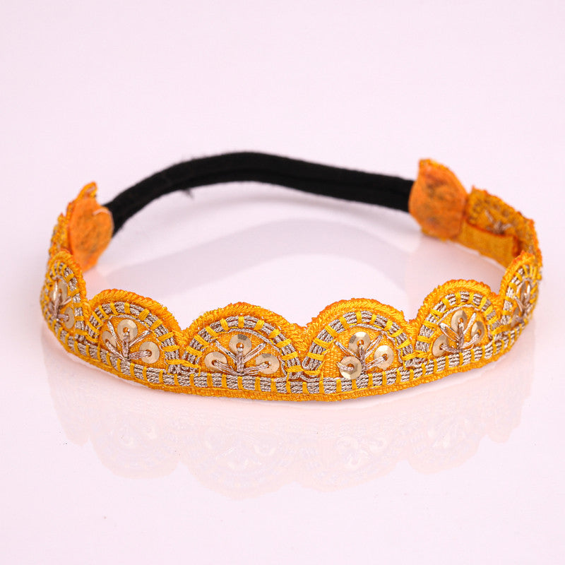 Choko mustard embroidered elastic head band with metallic shimmer edging for stylish girls accessories - Yellow, Gold, Black