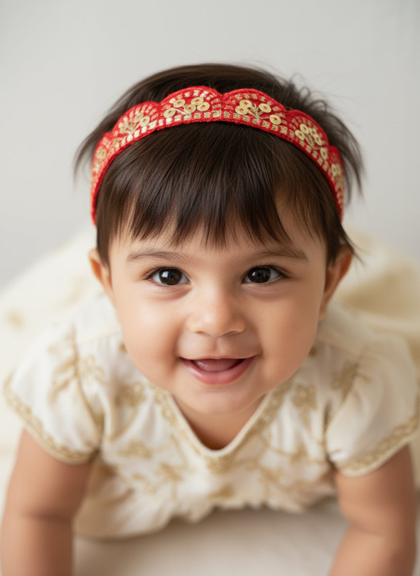Choko Girls Red Sequin Hand Embroidered Scalloped Pattern Comfort Headband For Party Wear