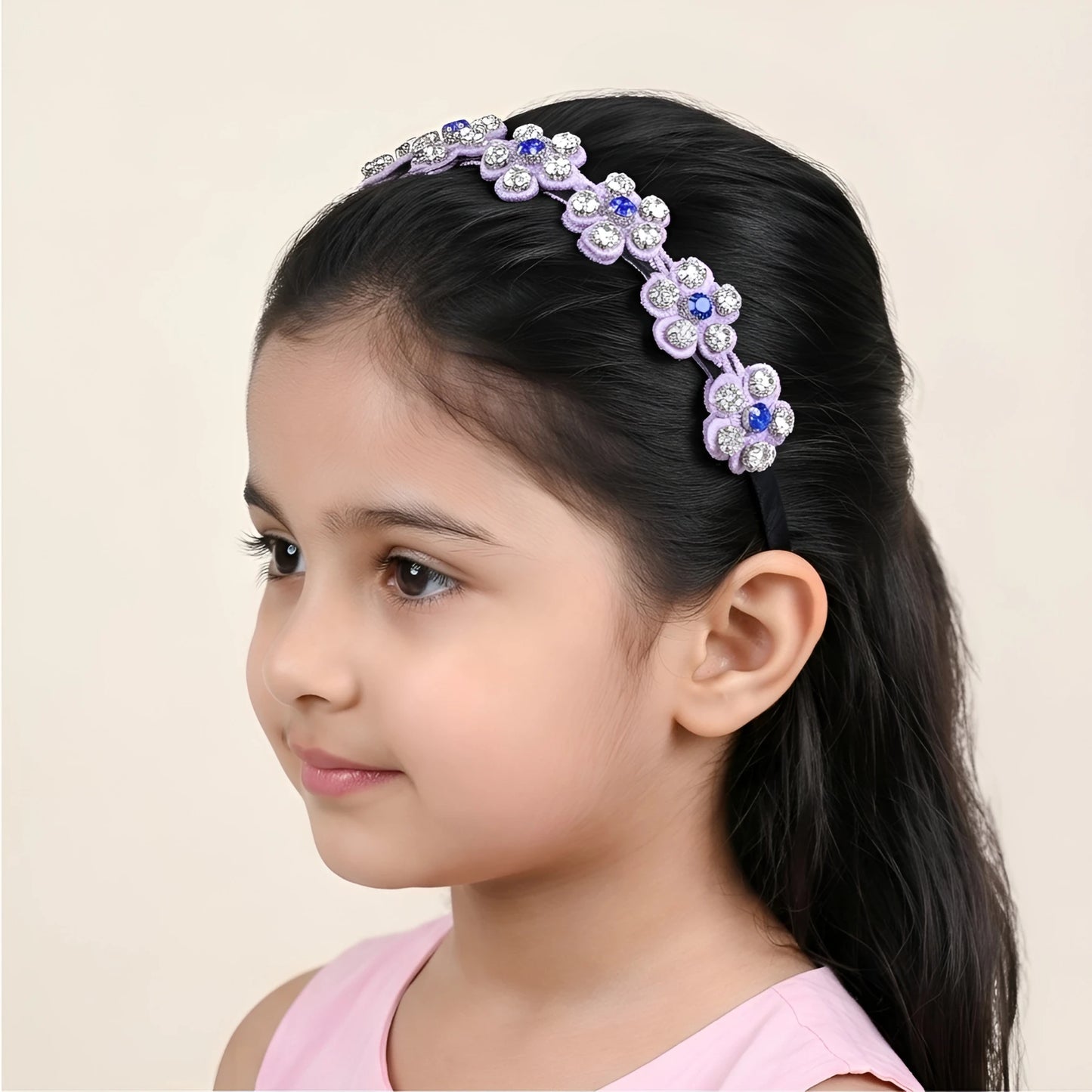 Choko Beaded Floral Rhinestone Hairband for Girls - Lavender - Choko