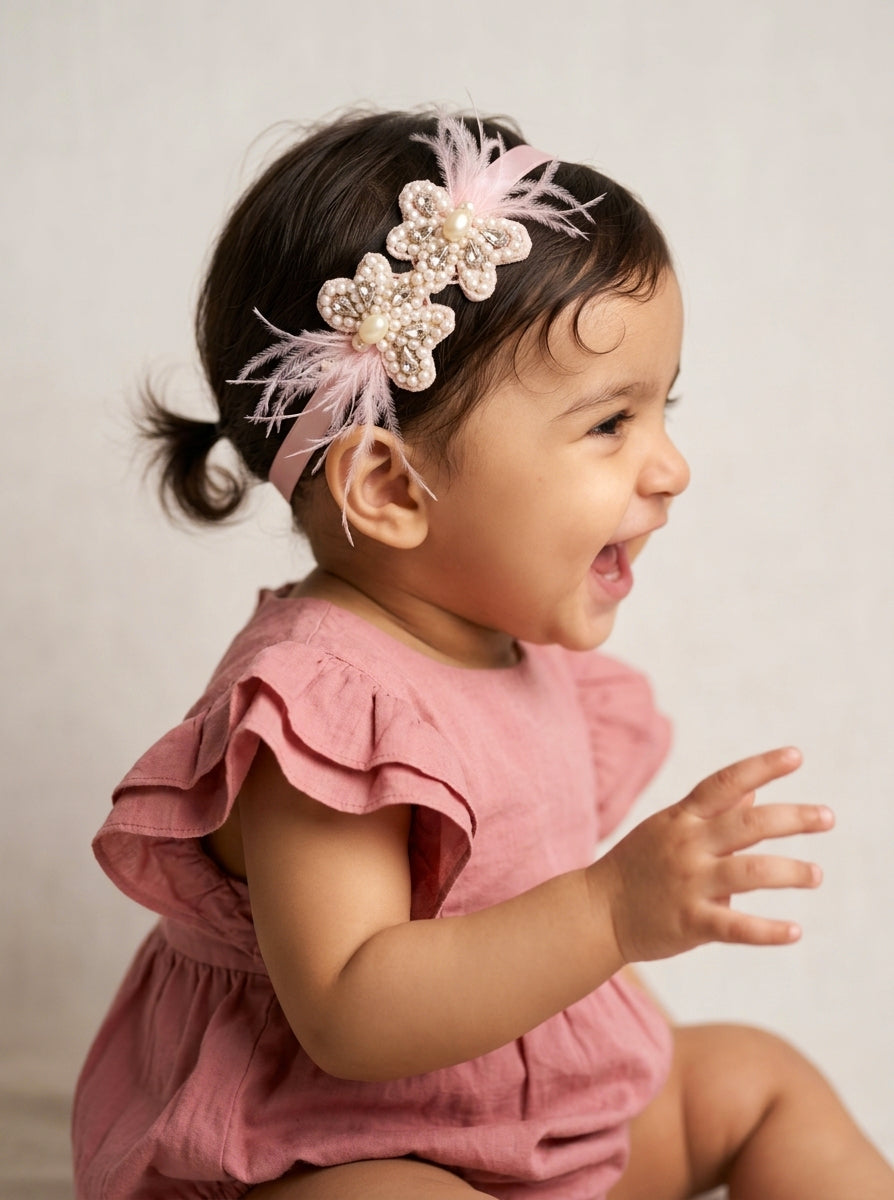 Choko Girls Pink Twin Cluster Pearl Studded Feather Embellished Headband For Party Wear