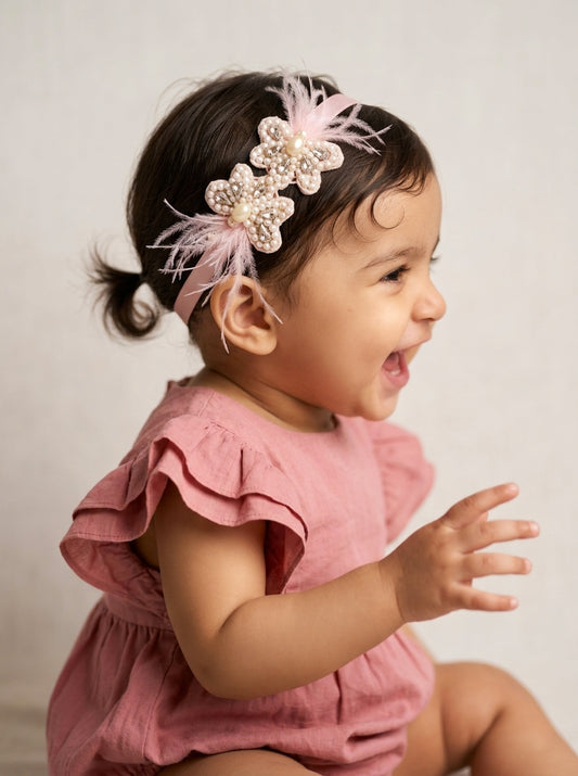 Choko Girls Pink Twin Cluster Pearl Studded Feather Embellished Headband For Party Wear