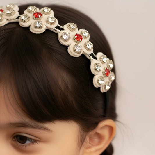 Choko Beaded Floral Rhinestone Hairband for Girls - White - Choko