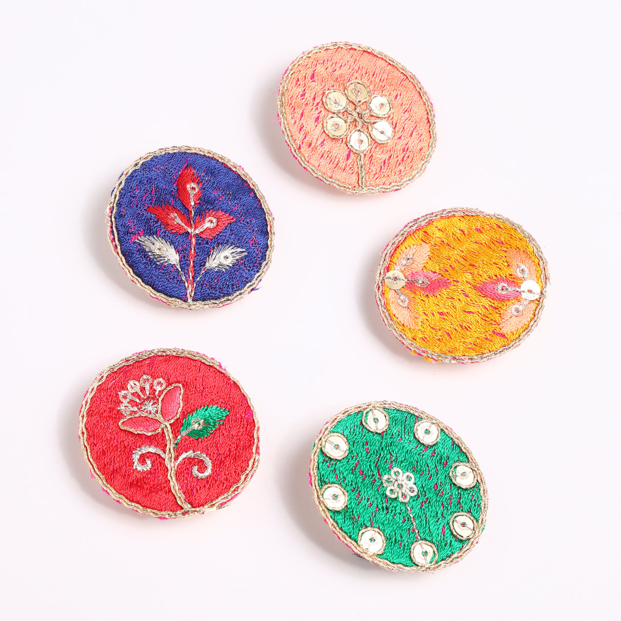 Choko 5- Pack Floral Embroidered Round Sequin Hair Clips for Girls - Ethnic Multicolor
