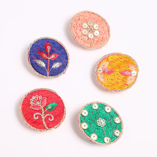 Choko 5- Pack Floral Embroidered Round Sequin Hair Clips for Girls - Ethnic Multicolor