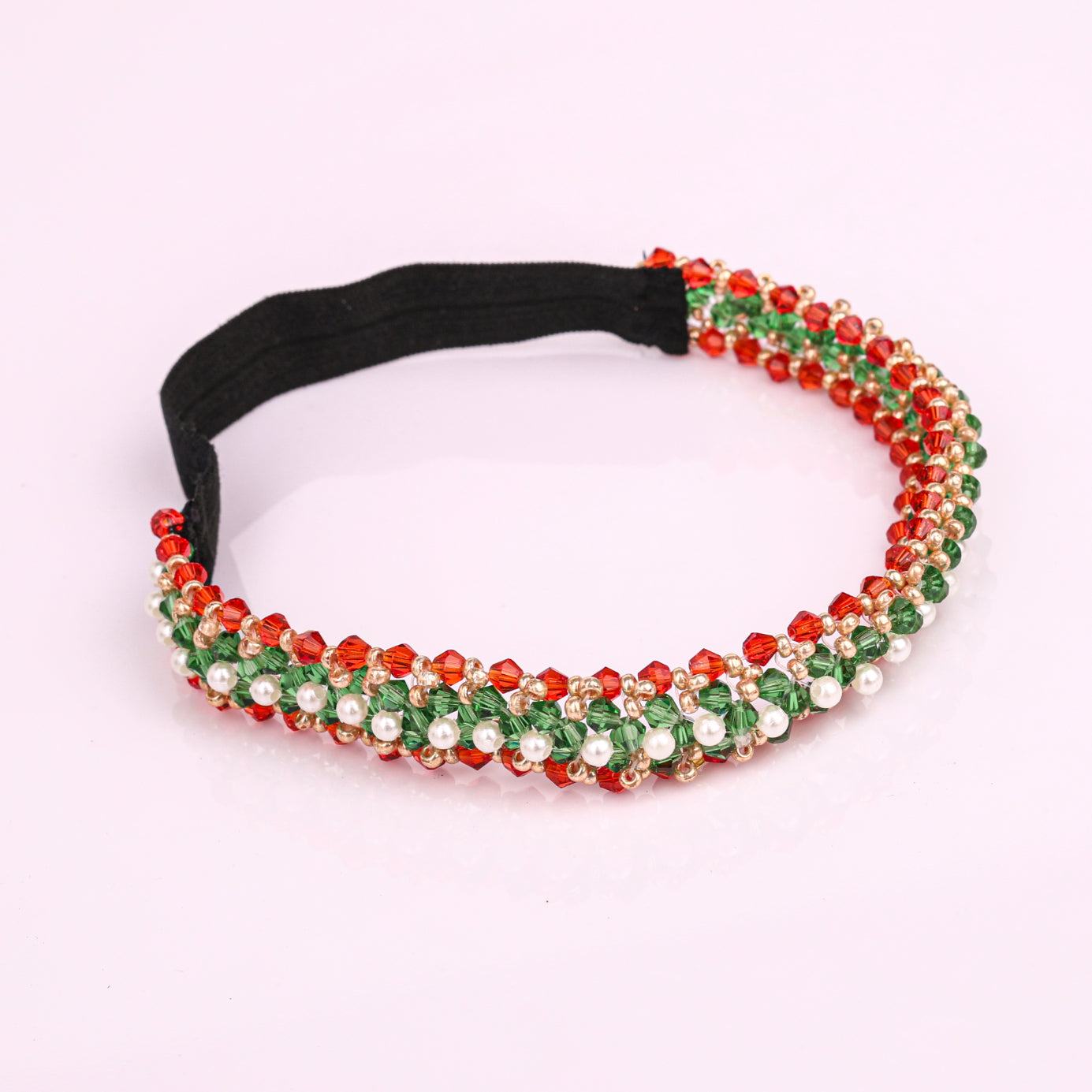 Choko Girls Beaded Headband with Tricolour Beads & Pearl Accents - Multicolor - Green, Red, Black | Festive Kids Accessory