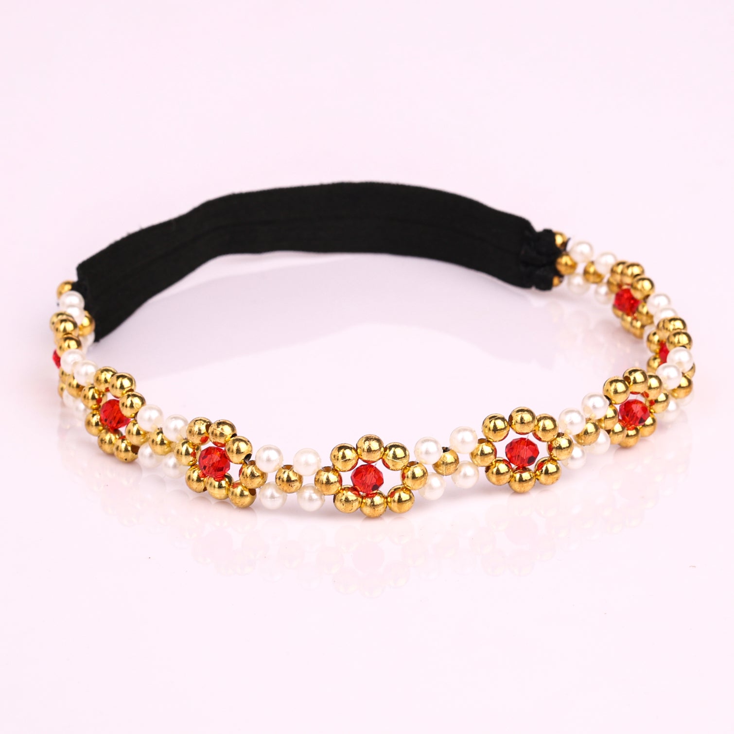Choko Girls Beaded Headband with Golden Beads & Red Crystal Flowers - Red & Gold | Kids Accessory