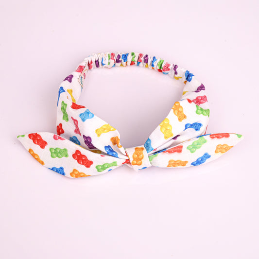 Choko Girls White Fabric Headband with Gummy Bear Print & Knot Tie - Candy Theme | Kids Accessory