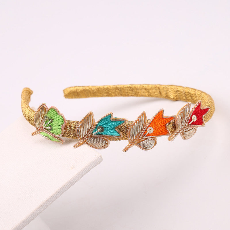 Choko Girls Embroidered Headband with Multicolor Threads & Gold Base - Golden - Ethnic Kids Accessory