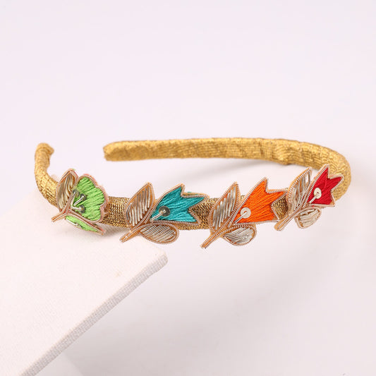 Choko Girls Embroidered Headband with Multicolor Threads & Gold Base - Golden - Ethnic Kids Accessory