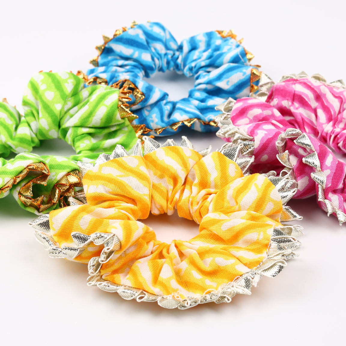 Choko 4- Pack Bandhani Print Scrunchies with Metallic Trim for Girls & Women - Multicolor - Pink, Green, Yellow