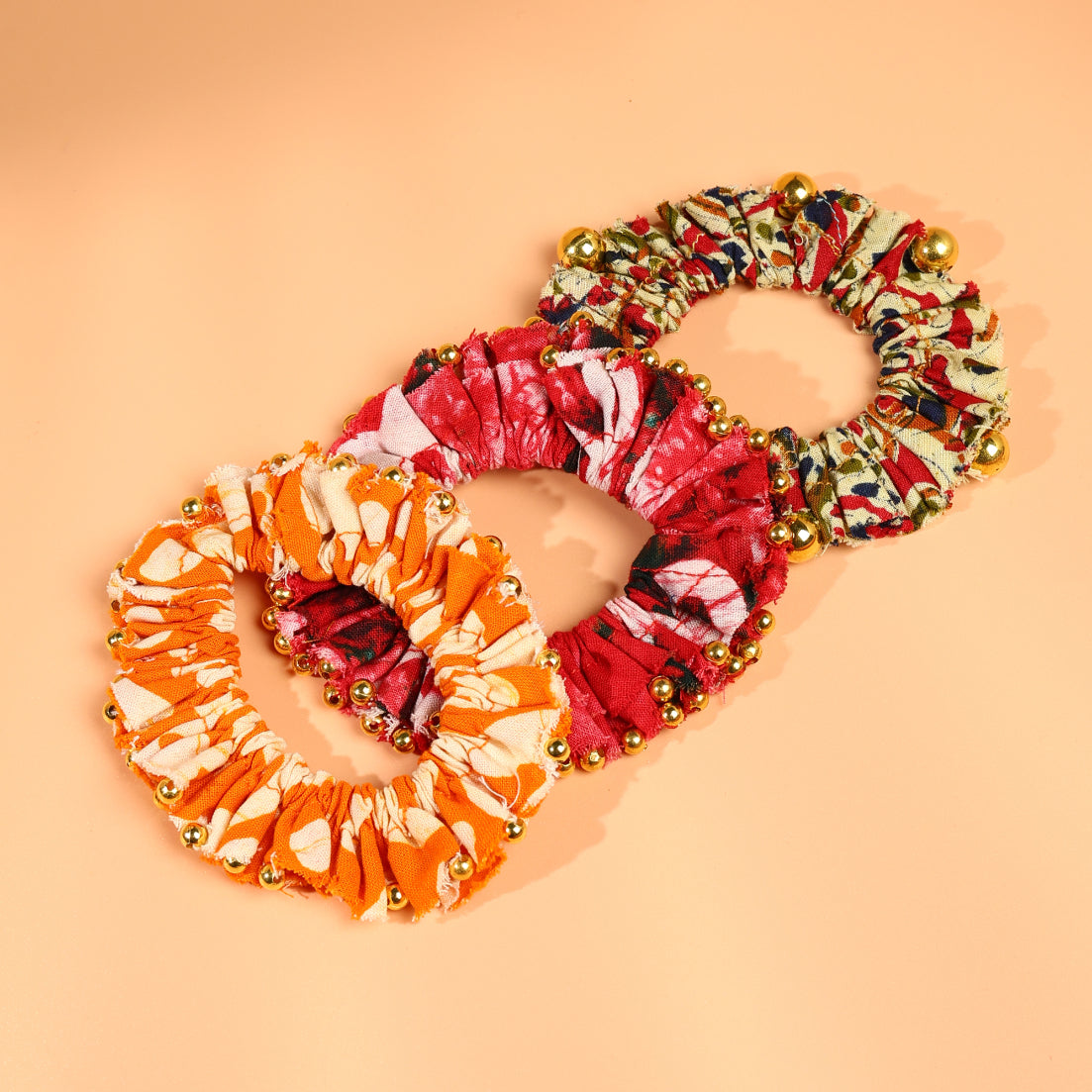 Choko Set of 3 Printed Scrunchies with Golden Bead Detailing - Stylish Hair Ties for Women & Girls - Red, Orange, Multicolor